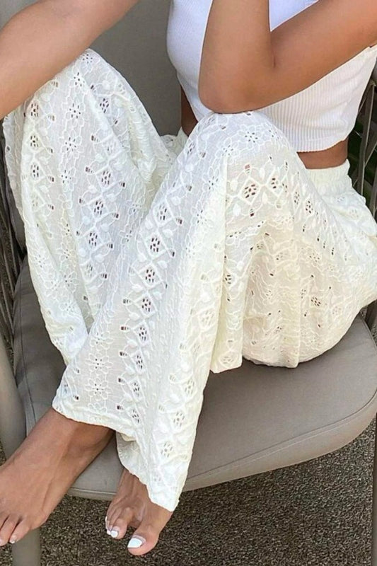 Solid Cutout Embroidered Elastic Waist Pants