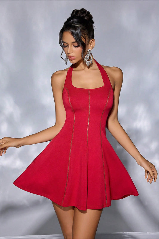 Strapless Tie Open-Back Paneled Short Party Dress Red / S