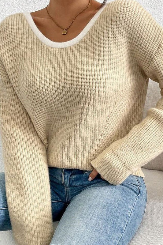 Back Bow Detail Crew Neck Knit Sweater