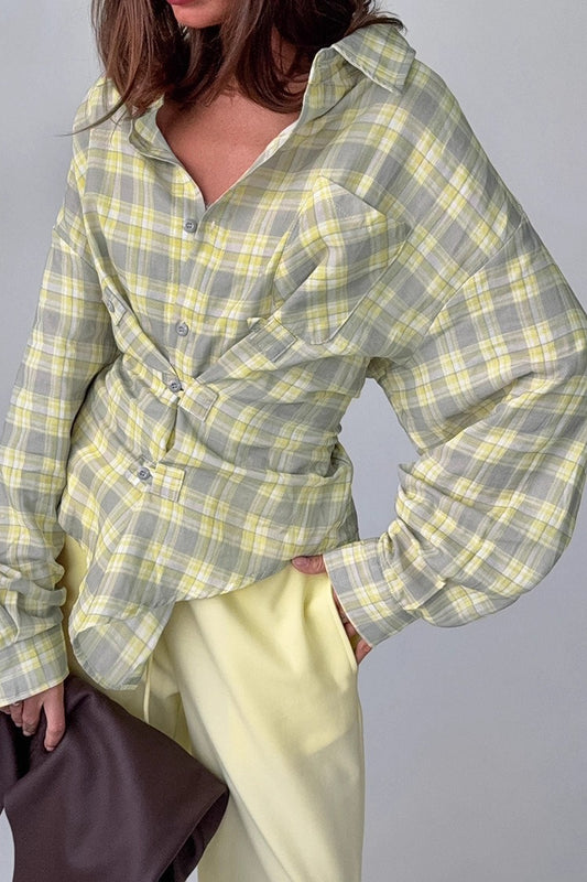 Color-block Plaid Belted Long Sleeve Blouse