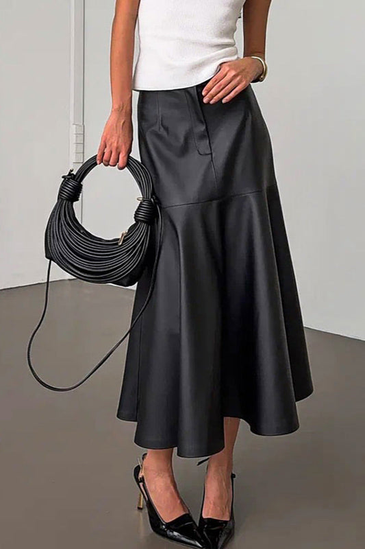 Black Faux Leather Midi Skirt Black / S