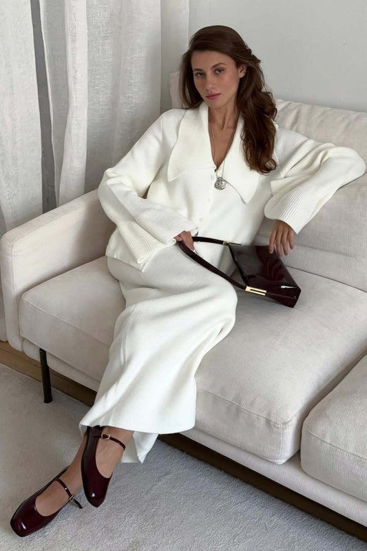 Bell-Sleeve Pink Polo Collar Cardigan Straight Skirt Two Piece Set