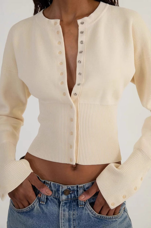 Ribbed Crew Neck Fitted Button Knit Cardigan