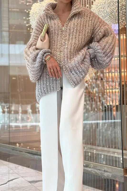 Chunky Zip Collar Textured Knit Cardigan