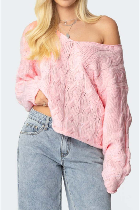 Solid Color V-Neck Cable-Knit Loose Sweater