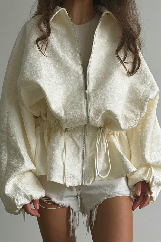 Jacquard Peplum Drawstring Zip Jacket