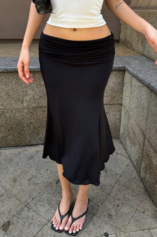 Black Ruched Low Waist Fishtail Midi Skirt