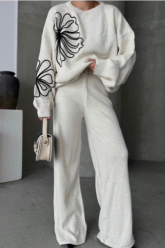 Ensemble deux pièces décontracté en tricot à col rond avec pantalon