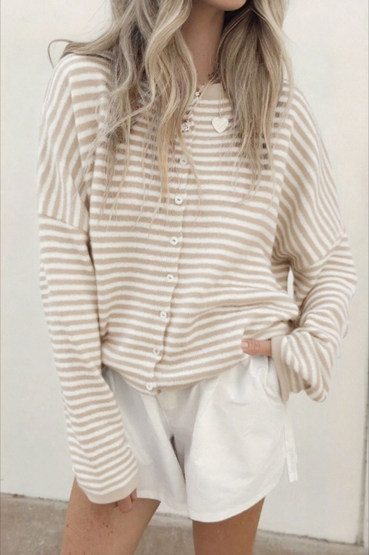 Striped Knit Round Neck Cardigan S / White