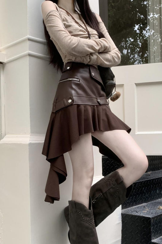 Asymmetrical Ruffle A-Line PU Leather Skirt