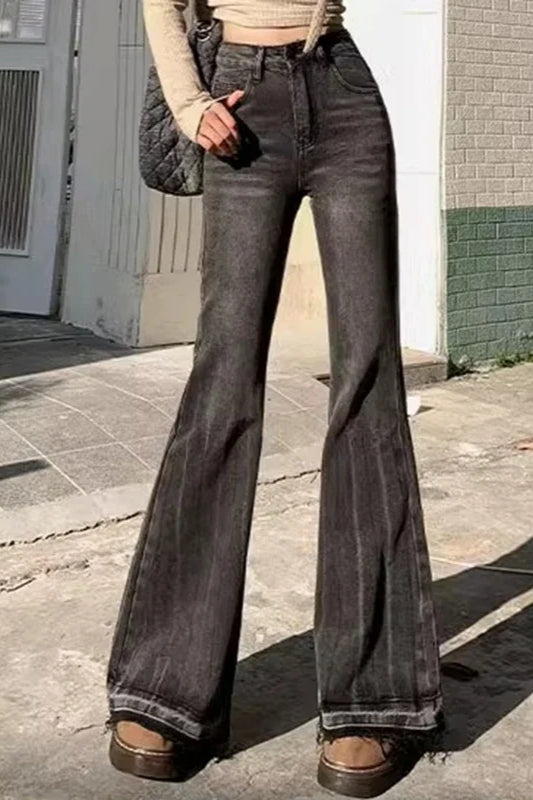 Slim Fit Elastic Bell Bottom Jeans Black Grey / XS