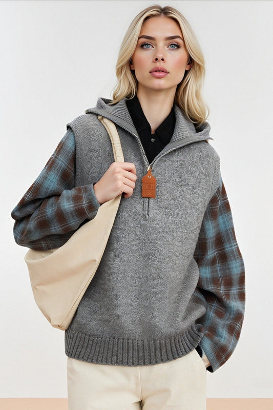 Fake Two Piece Plaid Contrast Half Zip Collared Sweater