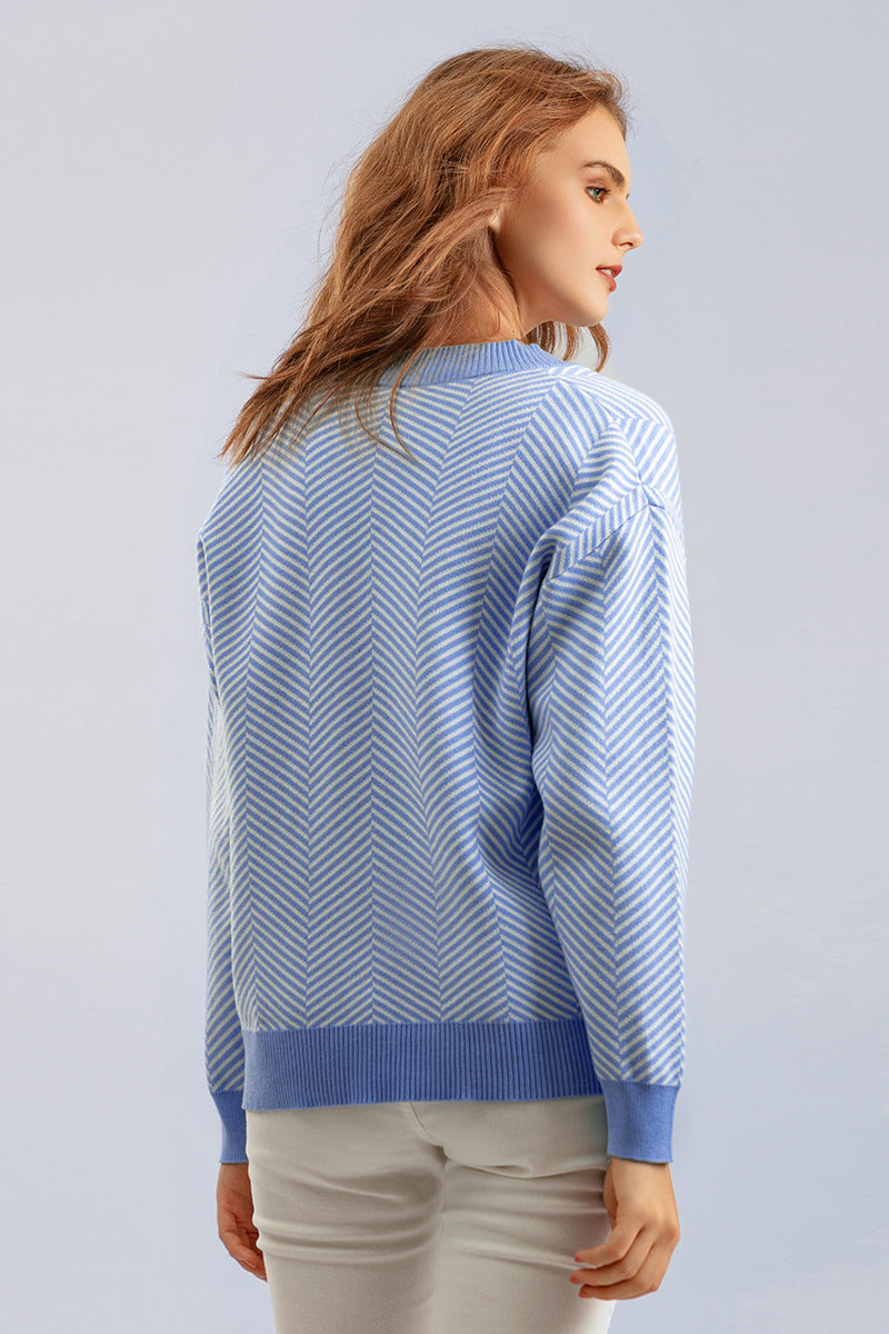 Striped V Neck Buttoned Knit Sweater