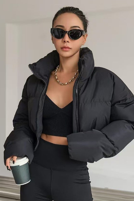 Cropped Patchwork Quilted Puffer Jacket S / Black