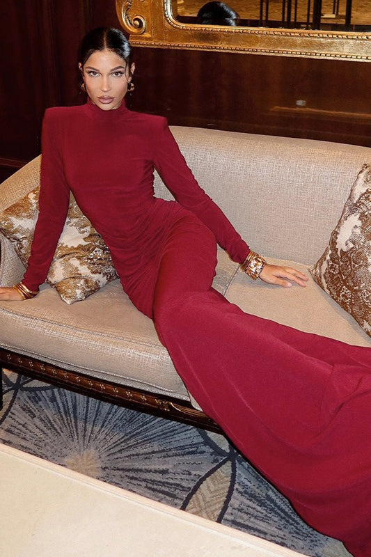 Mock Neck Ruched Long Sleeve Maxi Dress