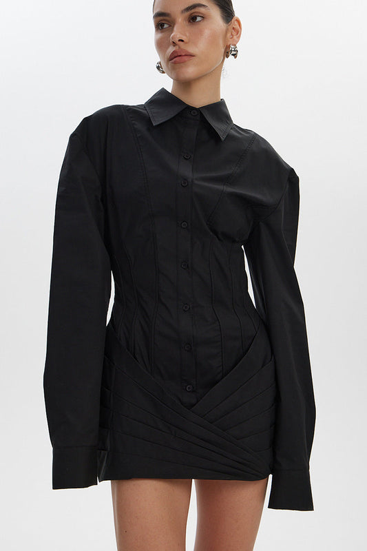 White Long Sleeve Tie Waist Fitted Mini Dress Black / S