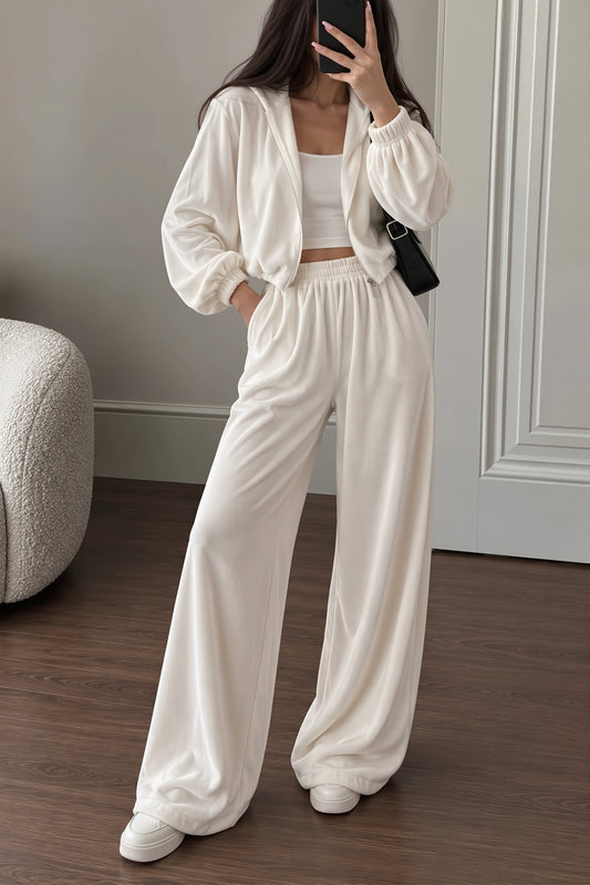 Velour Zip Hoodie Wide Leg Pants Set