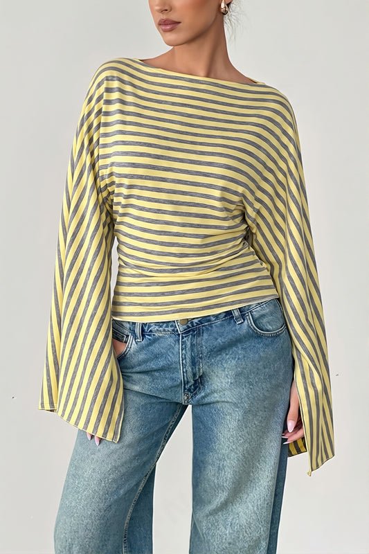 Striped Boat Neck Wide Sleeve Blouse