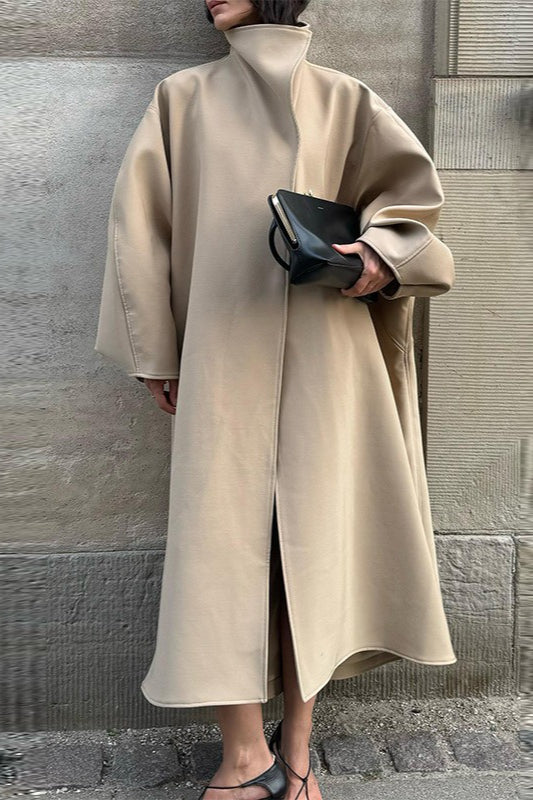 Stand Collar Batwing Sleeve Longline Loose Wool Overcoat