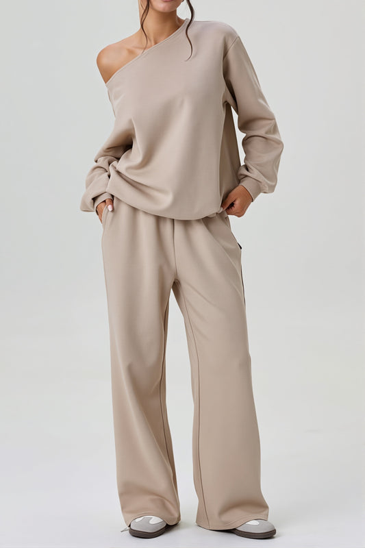 Solid One Shoulder Sweatshirt Set