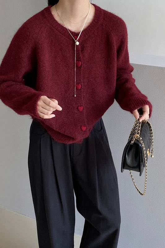 Oversized Heart Button Round Neck Cardigan