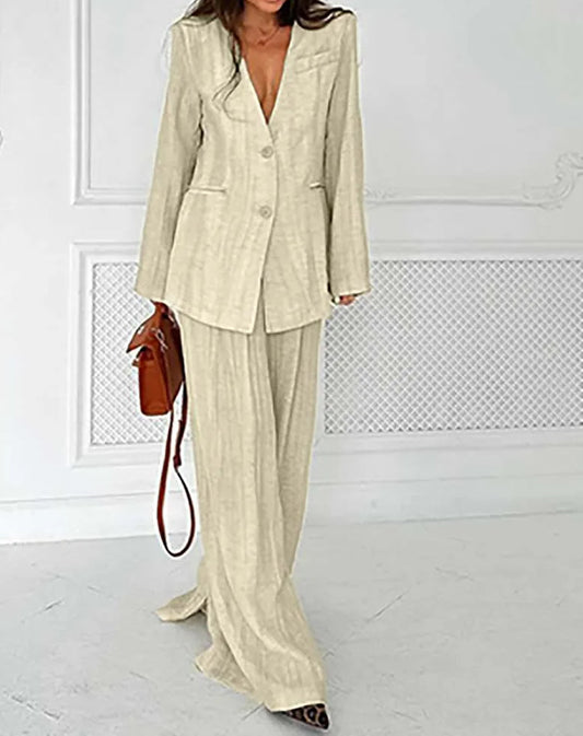 Ensemble deux pièces kaki ample avec col en V profond et pantalon de bureau