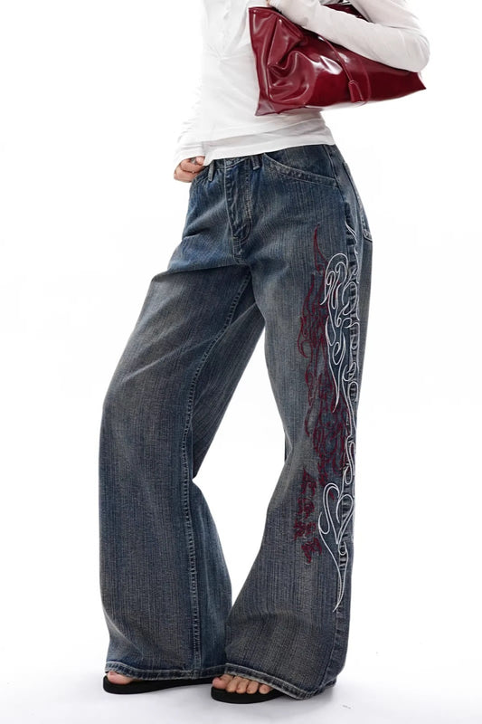 Side Embroidered Wide Leg Jeans