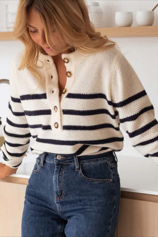 Button Front Stripe Knit Pullover Blouse