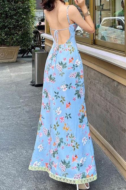 Spaghetti Strap Lace Backless Ruffle Floral Dress