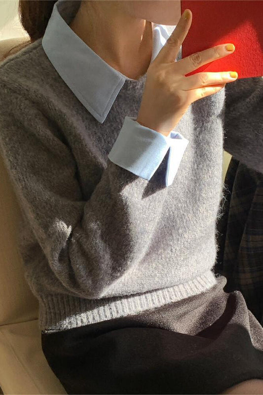 Layered Look Collared Knit Sweater Grey / One Size