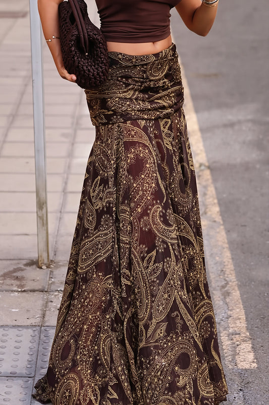 Boho Brown Paisley Print Maxi Skirt