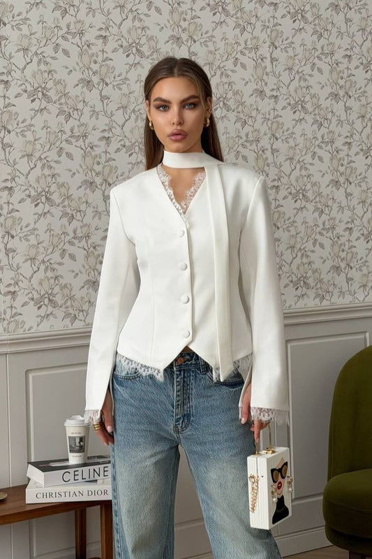 Lace Trim Fitted Single Breasted Blazer