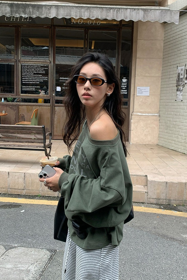 Off-Shoulder Graphic Letter Relaxed Sweatshirt Green / One size