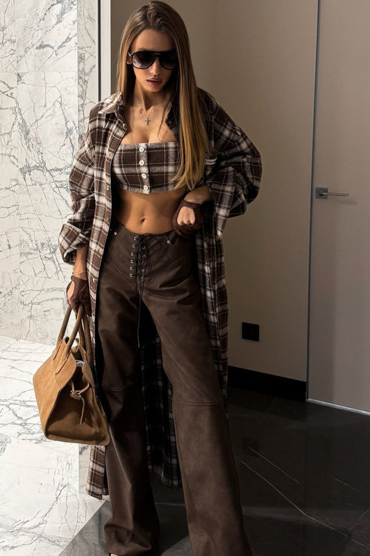 Designer Plaid Long Oversized Knee Length Shirt Overcoat