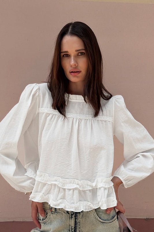 Round Neck Ruffled Ruched Loose Blouse