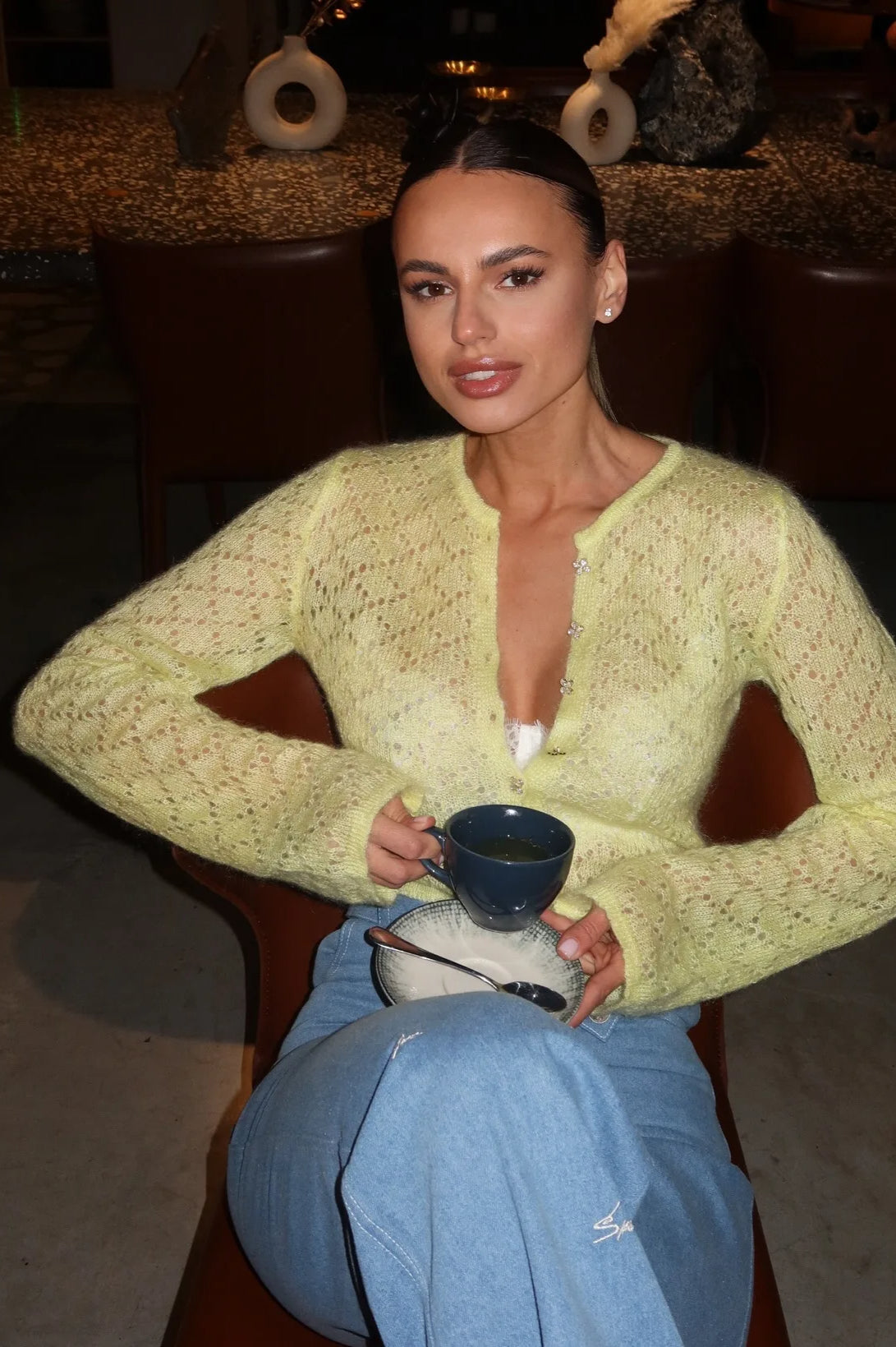 Slim Hollow Long Sleeve Single Breasted Cardigan Yellow / S