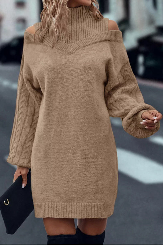 Cold Shoulder Turtleneck Balloon Sleeve Knit Sweater