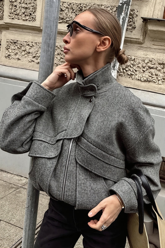 Herringbone High Collar Pocket Jacket