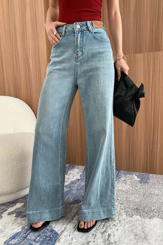 Washed High Waist Slimming Bootcut Loose Jeans Light blue / S
