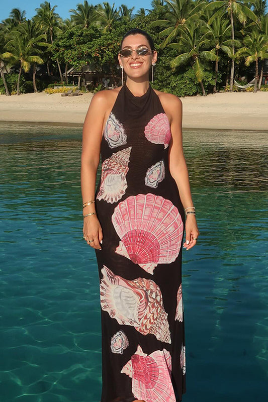 Robe longue moulante à fleurs et col licou