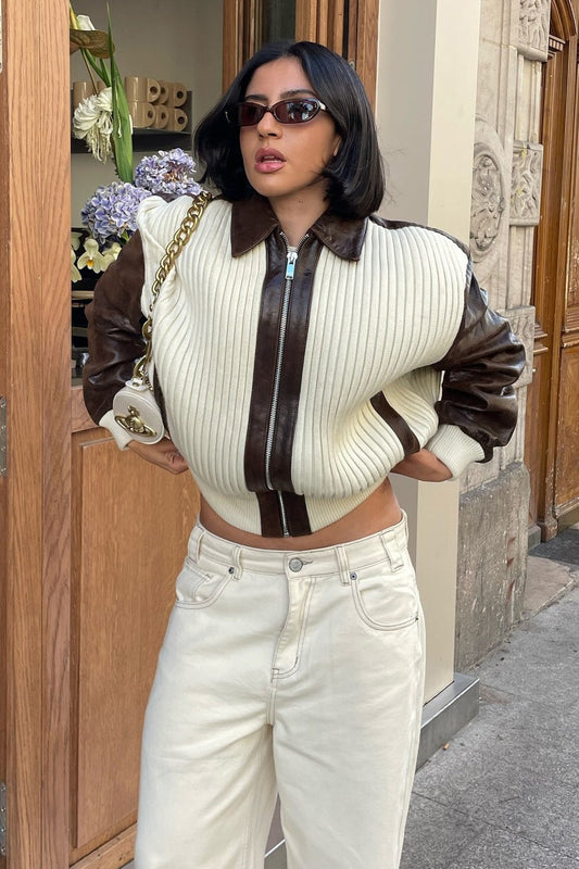 Veste en tricot et cuir à manches longues