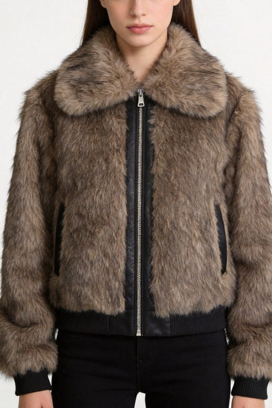 Rib Trim Cropped Faux Fur Bomber Coat