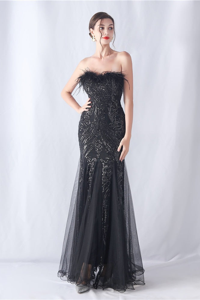 Ostrich Feather Sequin Evening Party Dress