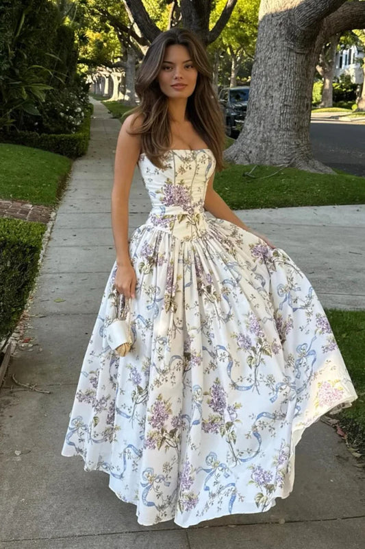 Robe longue plissée chic à bretelles imprimées en rayonne 