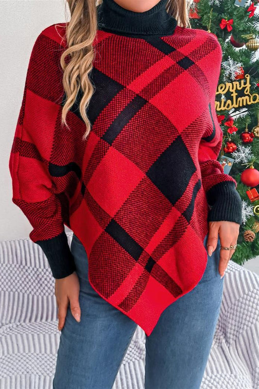 Plaid Contrast Turtleneck Cape Sweater