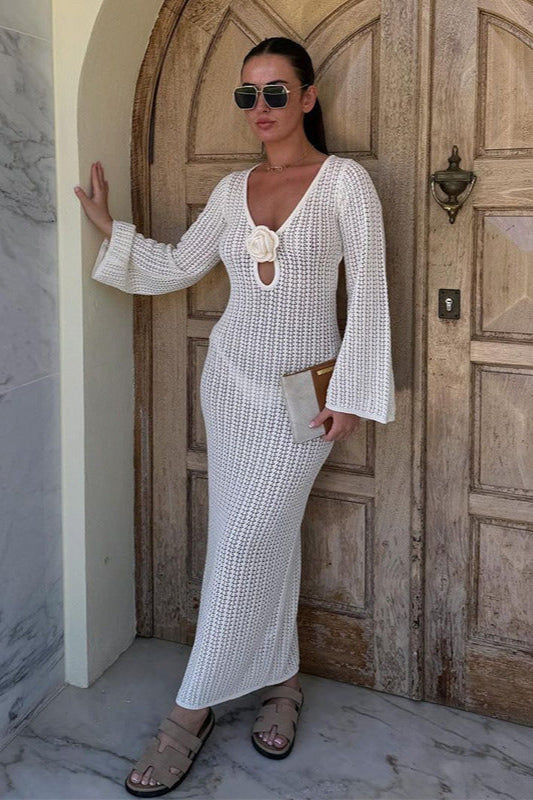 Robe longue de plage en tricot à col en V et dos nu