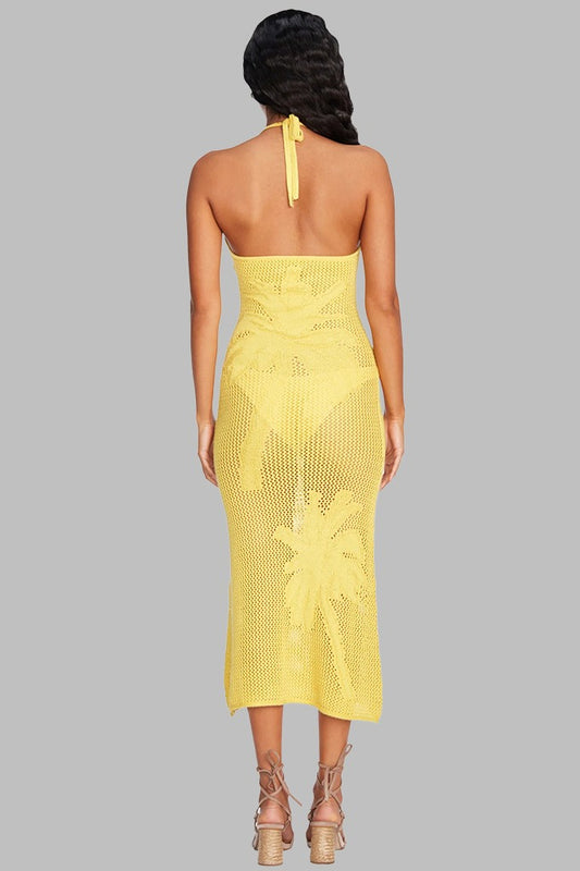 Robe moulante bohème texturée à col bas et ajourée