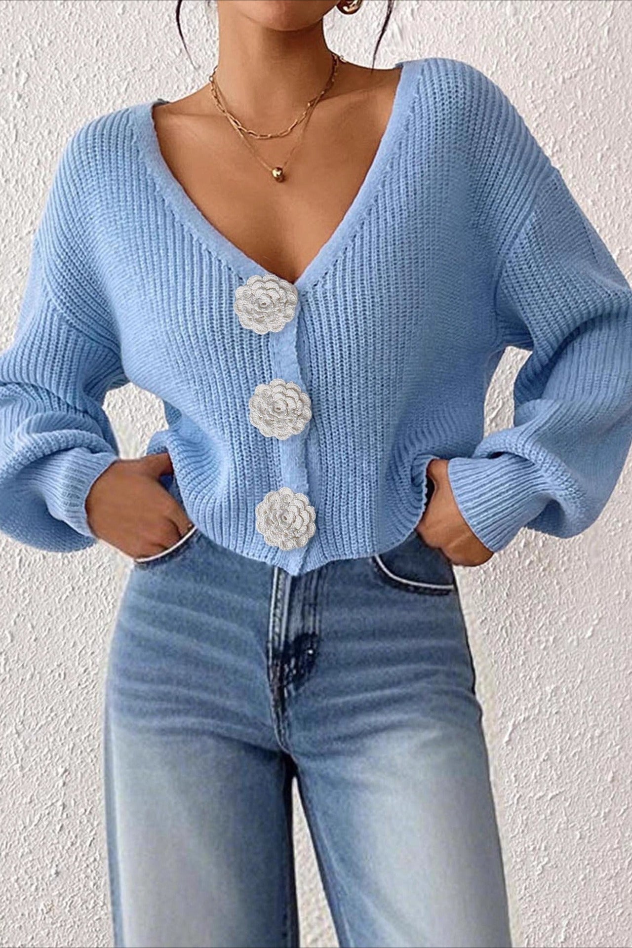 Button Front Crochet Knit Crop Sweater Blue / S