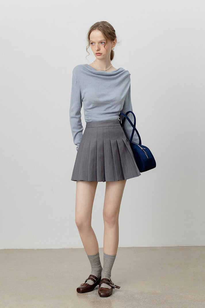 Off-Shoulder Draped Collar Waist-Cinched Knit Top