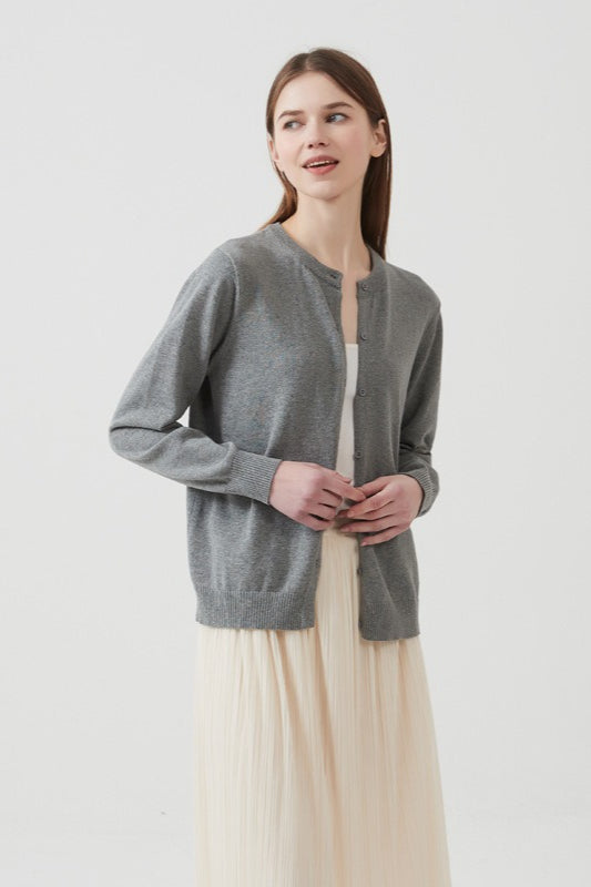 Cotton Round Neck Cardigan Grey / S